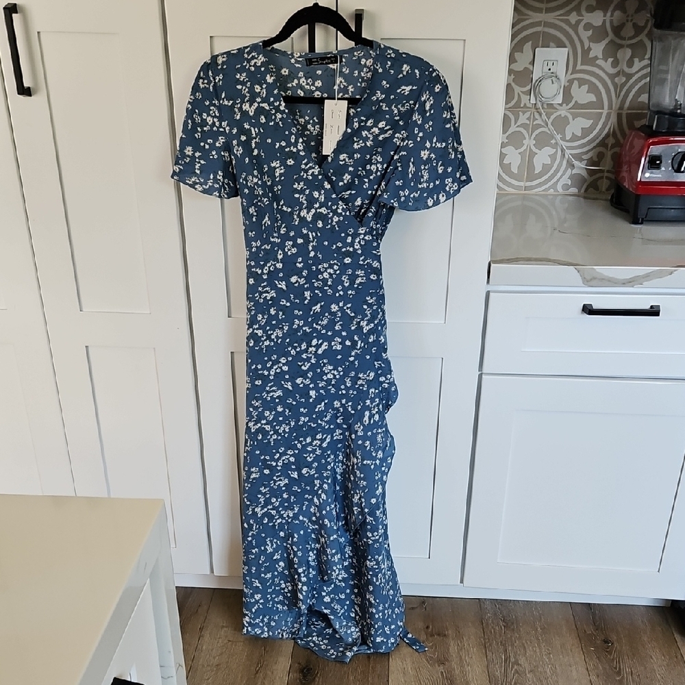 Blue and White Ruffled Wrap Maxi Dress